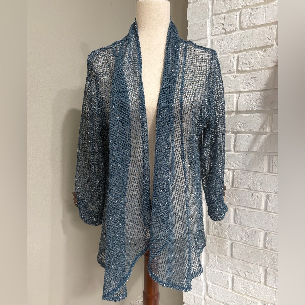 Keren Hart Open-Front Sparkle Knit Cardigan in Dusty Blue